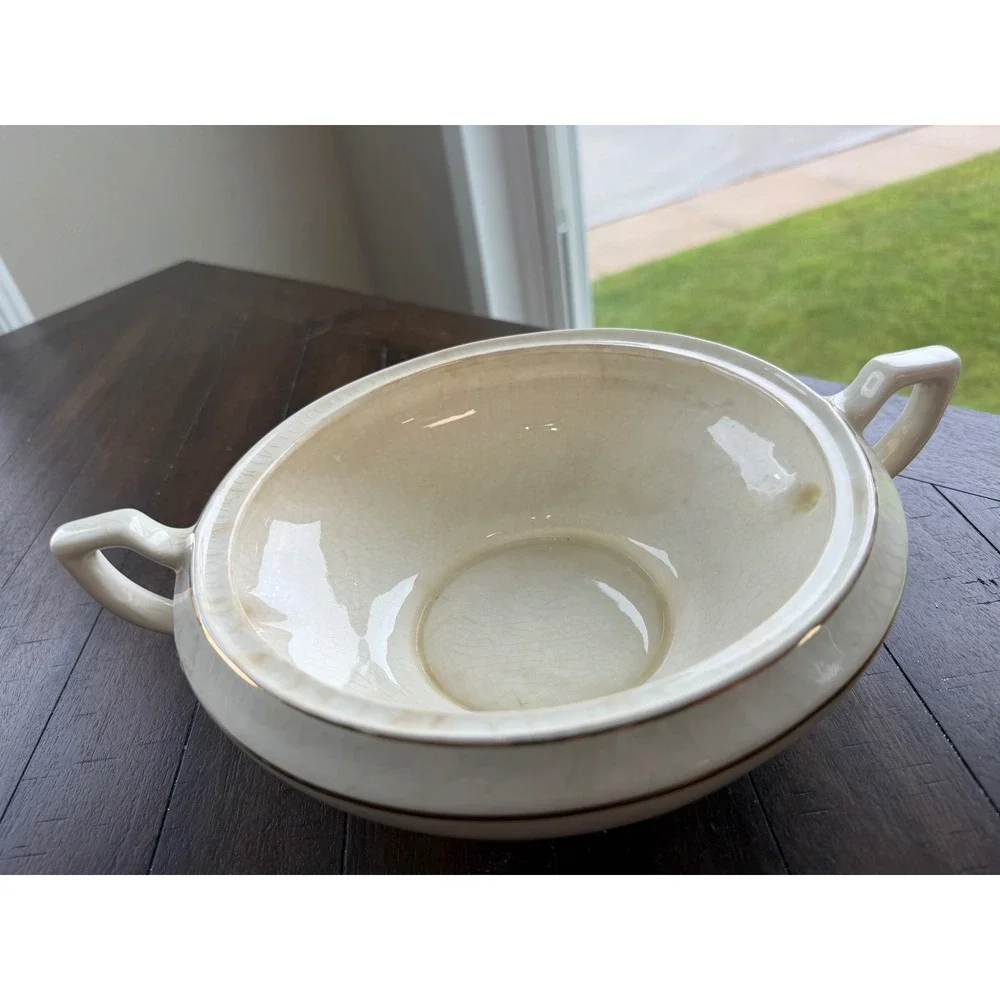 Vintage Cream Crackle Glaze Covered Tureen Gold Trim Double Handle Serving Bowl
